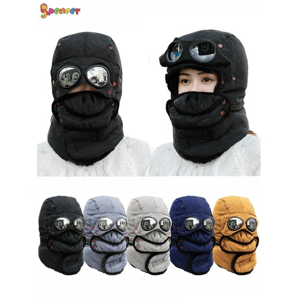 Winter Skiing Windproof Trapper Hat with Goggles Thermal Unisex Scarf Fleece Cap